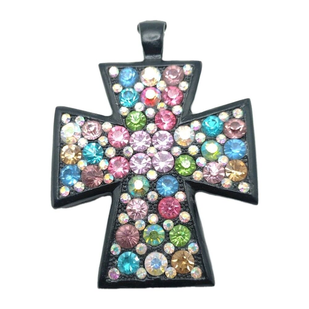 Vintage Statement Cross Pendant 3" Black Multicolor Sparkly Pave Rhinestone